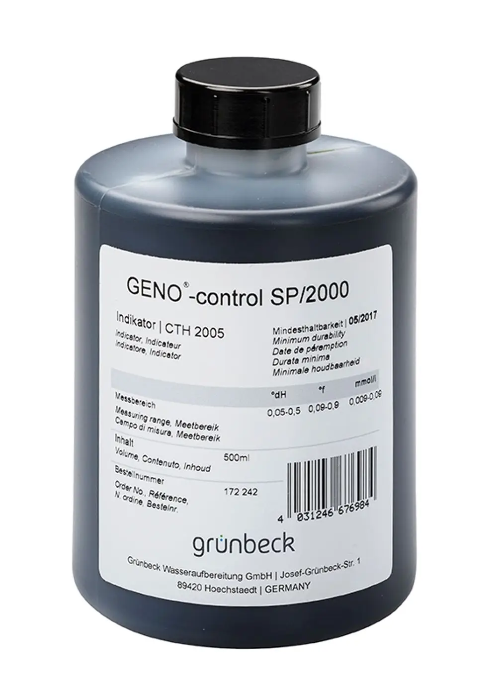 Schwarze Flasche mit grauem Deckel. Auf dem Etikett sind Messbereich, Inhalt von 500 ml und Markenname Grünbeck abgedruckt. Inhaltsangaben in mehreren Sprachen.